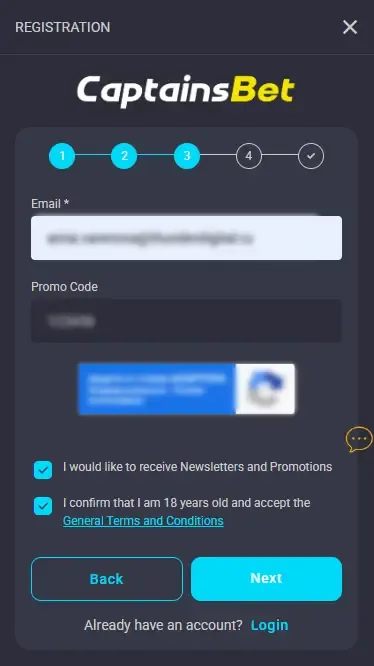 Sign-up on CaptainsBet
