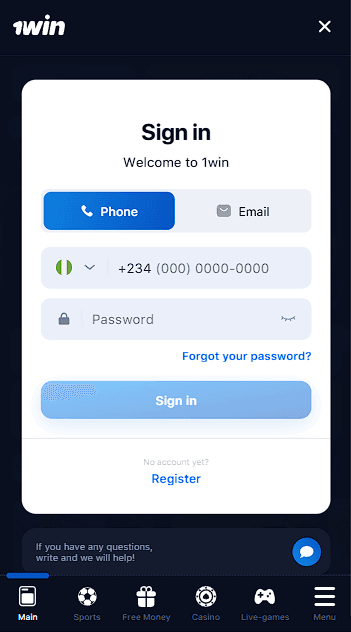1win account login form — authorization by phone number