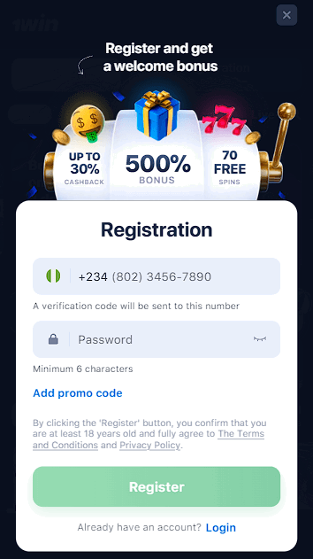 1win registration in Nigeria by phone number