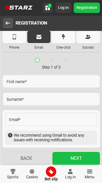 888Starz Registration Form Via Email