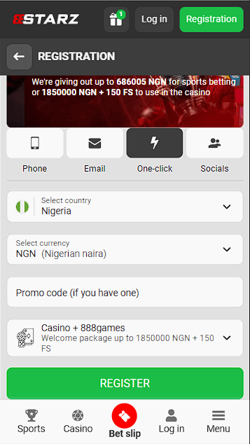 888Starz Registration Form in One Click