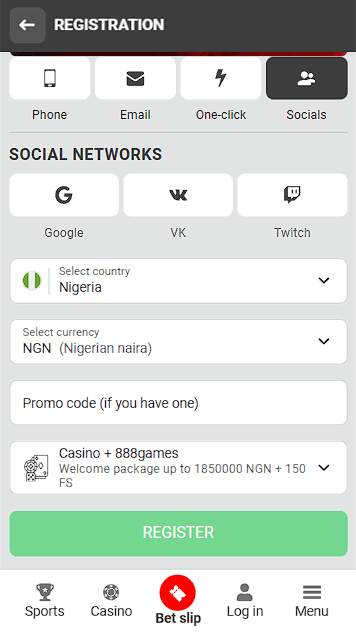 888Starz Registration Form Via Social Networks
