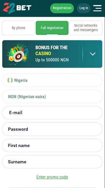 Registration on 22Bet Nigeria