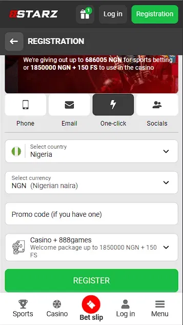 888Starz Registration Form in One Click