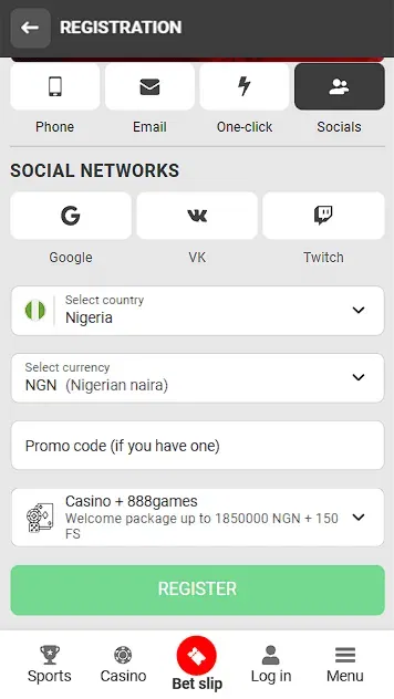 888Starz Registration Form Via Social Networks