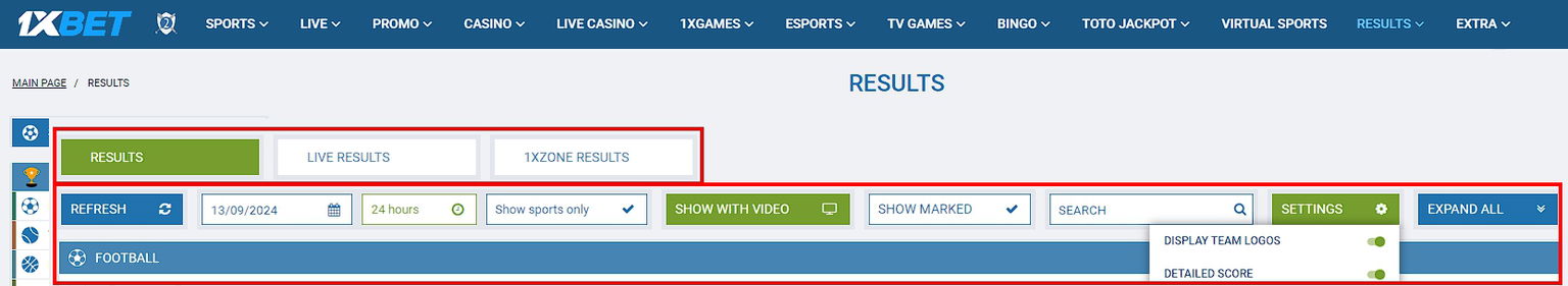 1xbet results
