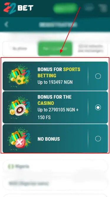 22Bet – Bonus Buttons From Registration Form