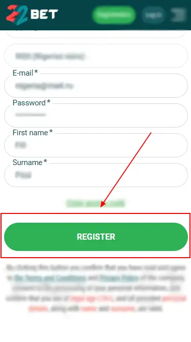 22Bet – Register Button (Account Verification)