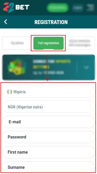 22bet Registration Form