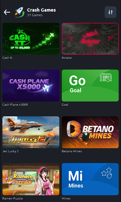 Crash Games category on Betano
