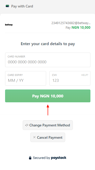 Betway form for filling in debit card details