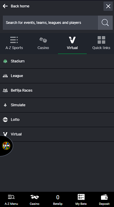 Bet9ja mob virtual menu