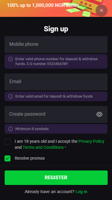 1Nbet registration form