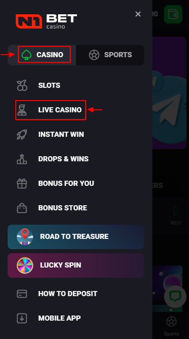 Casino and Live Casino sections on 1Nbet