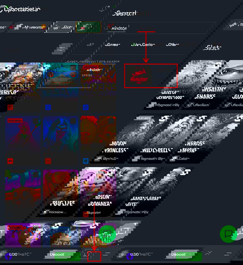 Aviator on Sportsbet io website