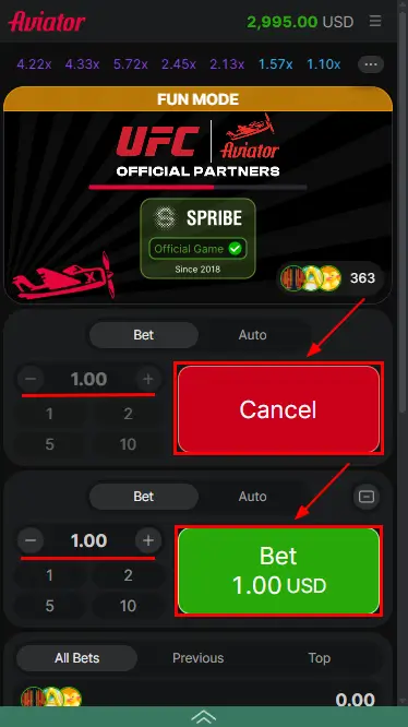Betwinner Aviator Bet and Cancel Buttons