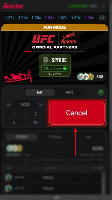 888Starz Aviator Cancel Button