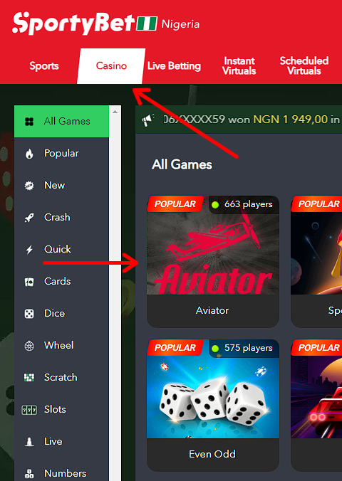 Aviator on website Sportybet 