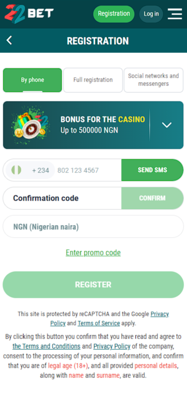 22bet Nigeria registration mobile