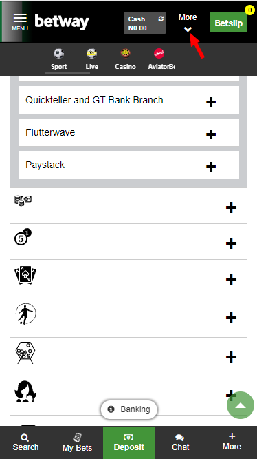 Betway deposit section
