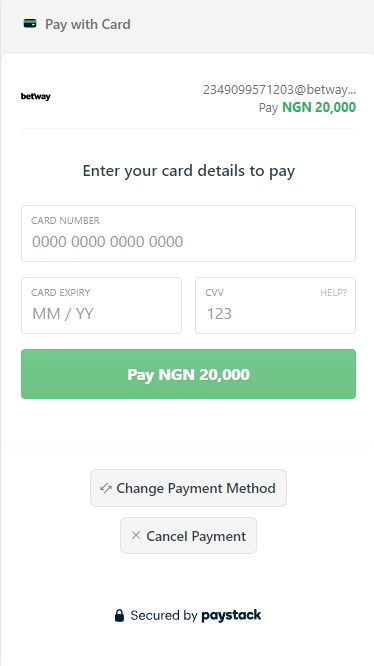 Entering card details at Betway