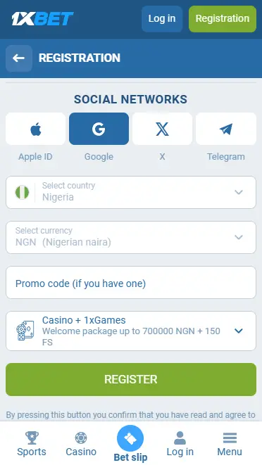 1xBet social media registration