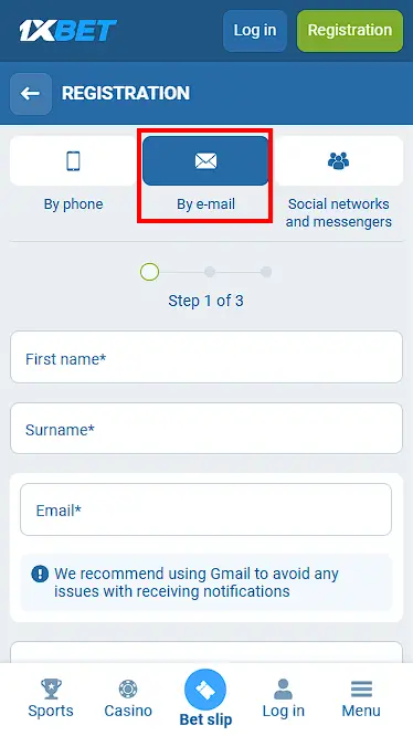 1xBet Registration via Email