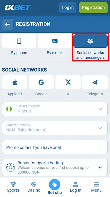 1xBet Registration via Social Nets