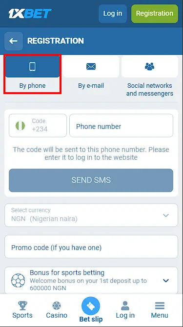 1xBet Registration via Phone