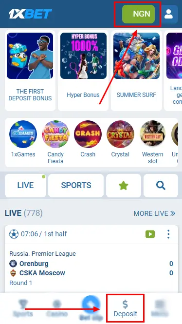 1xBet - Deposit Buttons