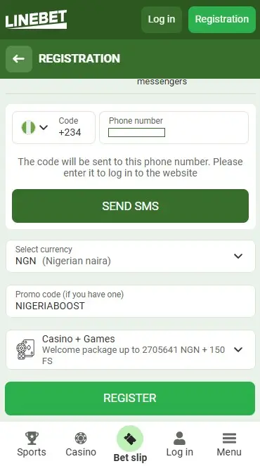 Linebet casino registration form