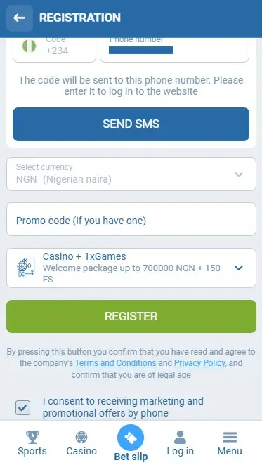 1xBet registration via phone