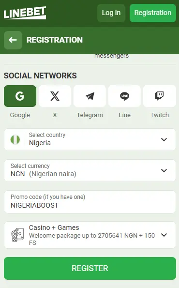 Register at Linebet via social media