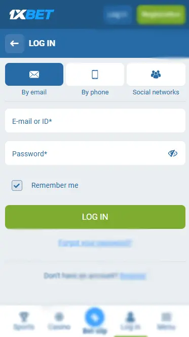 1xBet - Log In Page