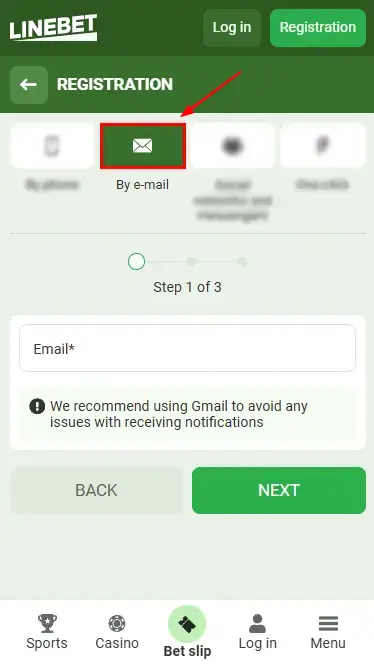 Linebet Registration via Email Step 1