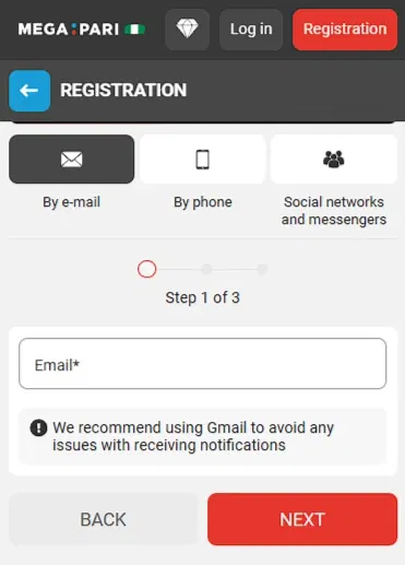 Megapari mobile registration page