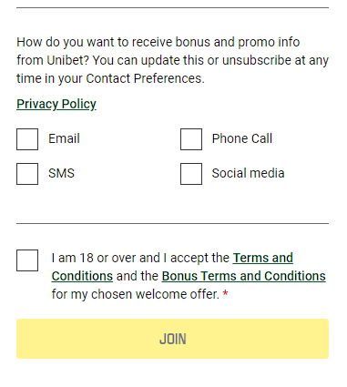 regiatration form Unibet 2 end