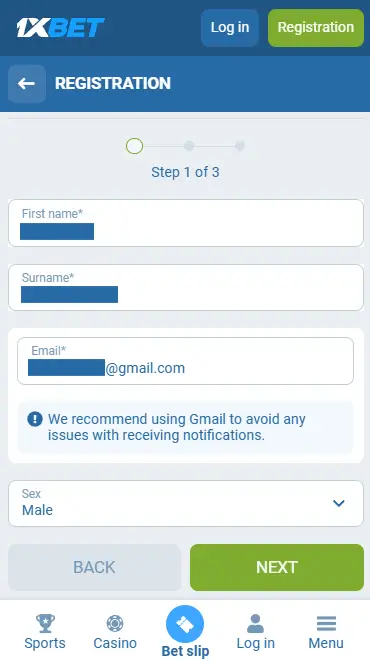1xBet Casino Registration via Email