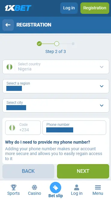 1xBet account registration form via email