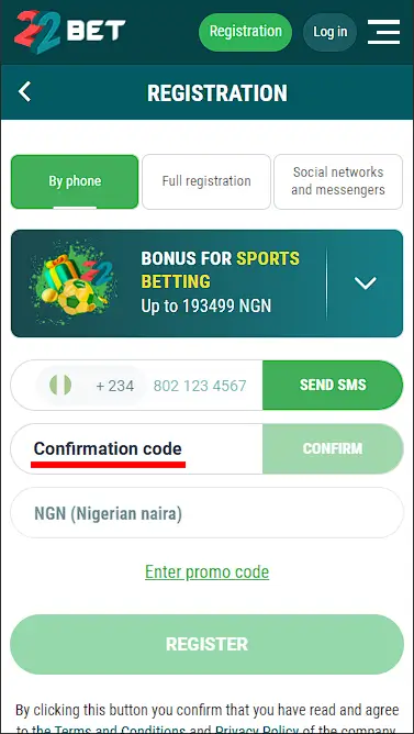 22Bet Nigeria mobile registration