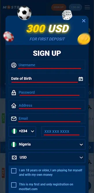 Mostbet registration form Nigeria 