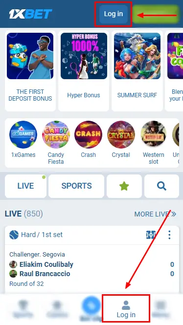 1xBet - Log In Button