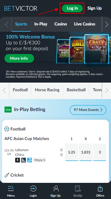 The "Log In" button BetVictor