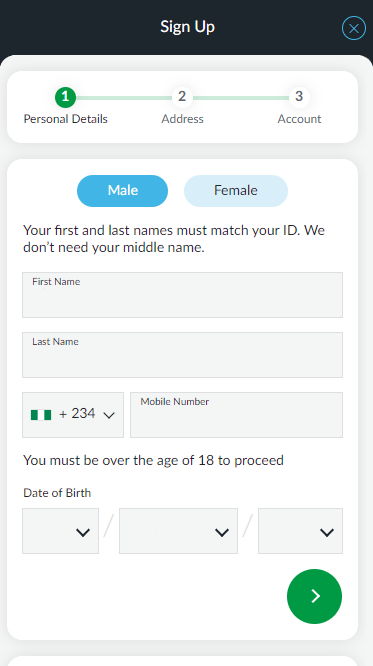 BetVictor Registration Form. Step 1
