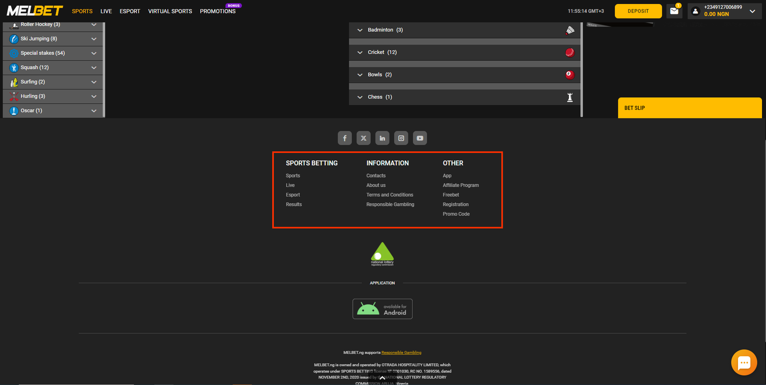 Malbet's bottom menu