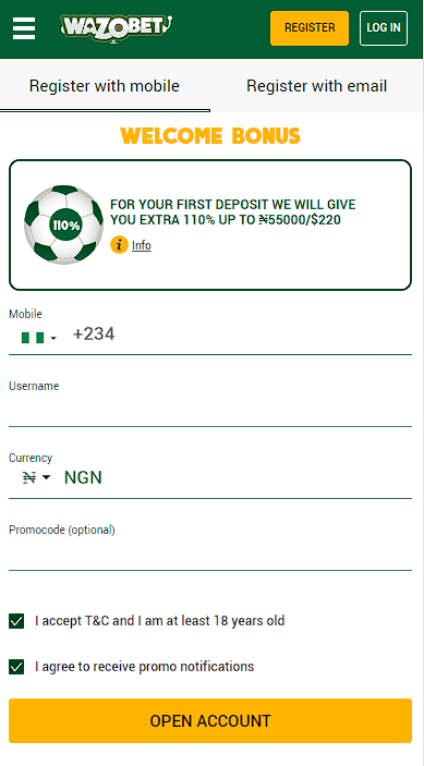 Registration form wazobet