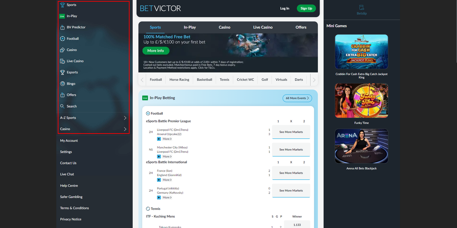 BetVictor left menu: sports and casino