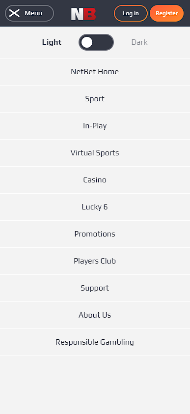 Mobile version NetBet menu