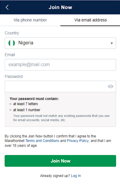 Registration via e-mail Marathonbet