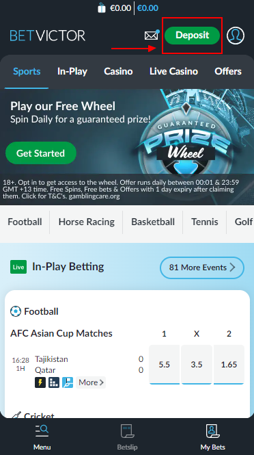 Deposit button Betvictor